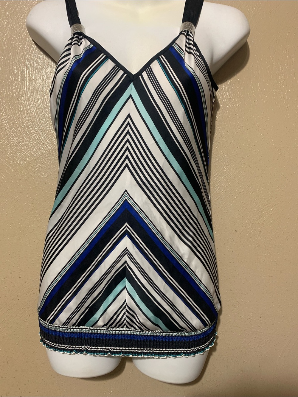 WHBM size XS Striped V-Neck Top in Black, White & Blue NWT